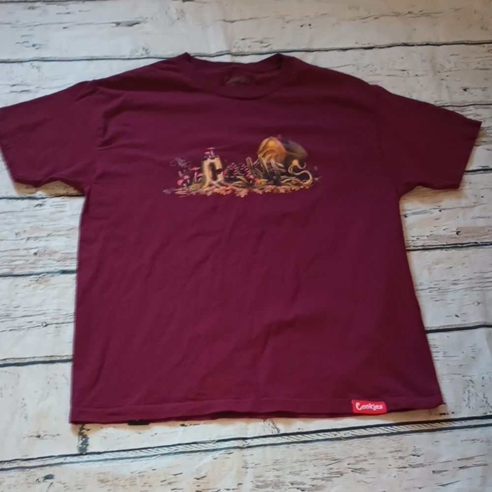 Cookies Burgundy Red Mushroom Cottagecore Forest Print T Shirt L
